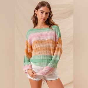 Anthropologie Pastel Striped Open-Knit Sweater - Mint, Pink & Mustard